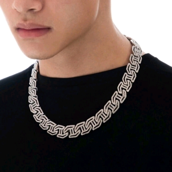 Elegant Iced Out Fully Rhinestone Figaro H-shape Silver Chain Necklace 18" - Picture 2 of 9